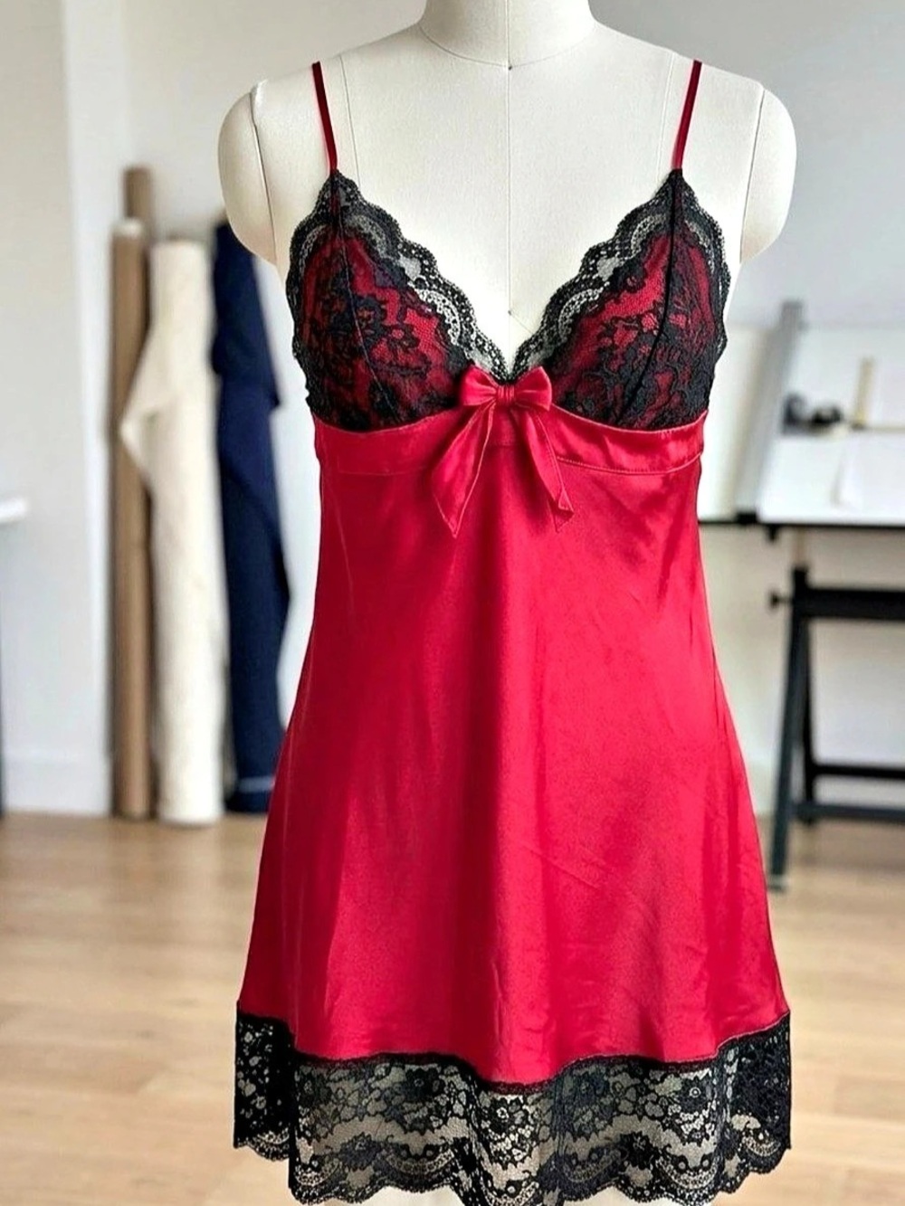 MYLA Lace Trim Chemise in Ruby red & Black Like New
